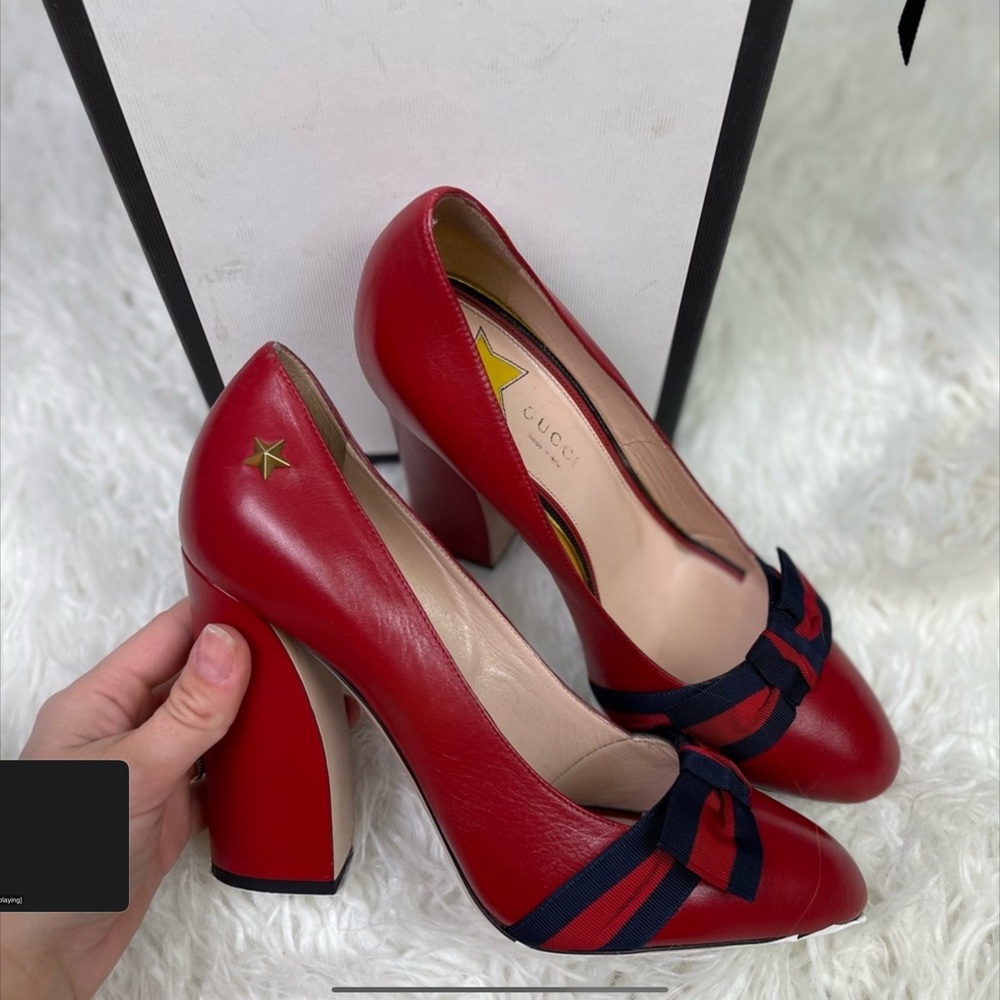 Gucci Malaga Kid Michele Web Gros Grain Web Ribbon on Hibiscus Red Heel 10 / 39